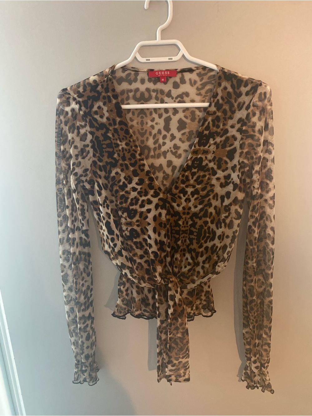 GUESS Women's Leopard Print Sheer Tie Shirt